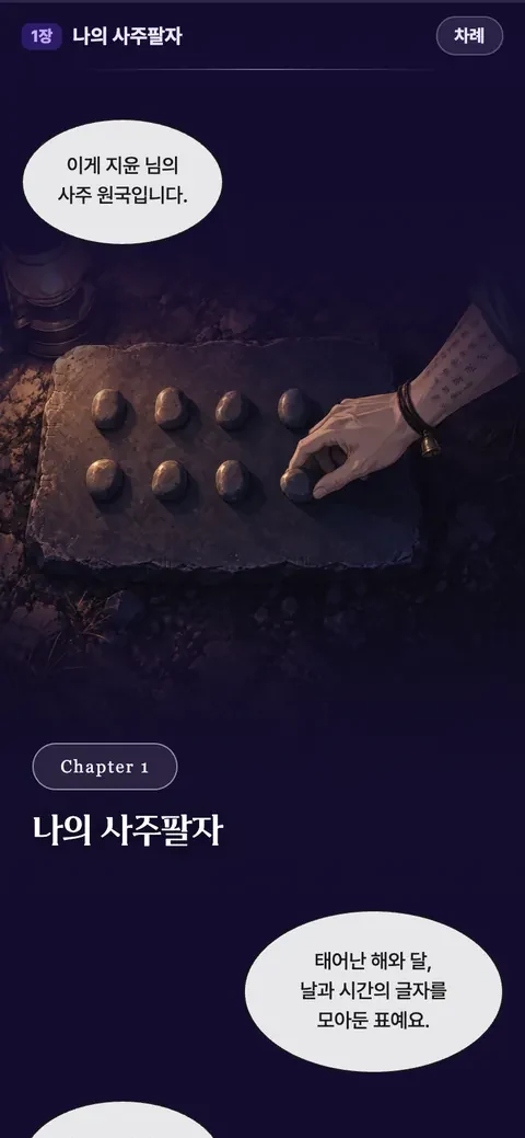 MIYO 인생 사용설명서 1장 「나의 사주팔자」 화면