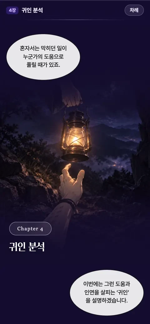 MIYO 인생 사용설명서 4장 「귀인 분석」 화면 — 등불을 든 손