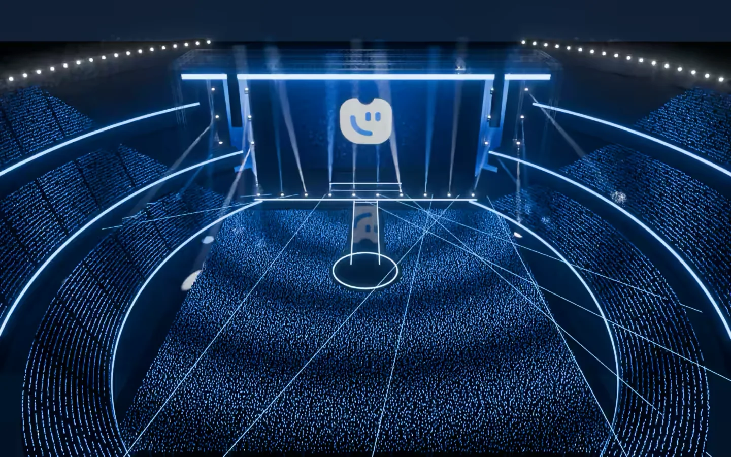 티키팅 로고가 뜬 LED 무대 앞, 응원봉을 든 관객으로 가득한 공연장 (3D 렌더)